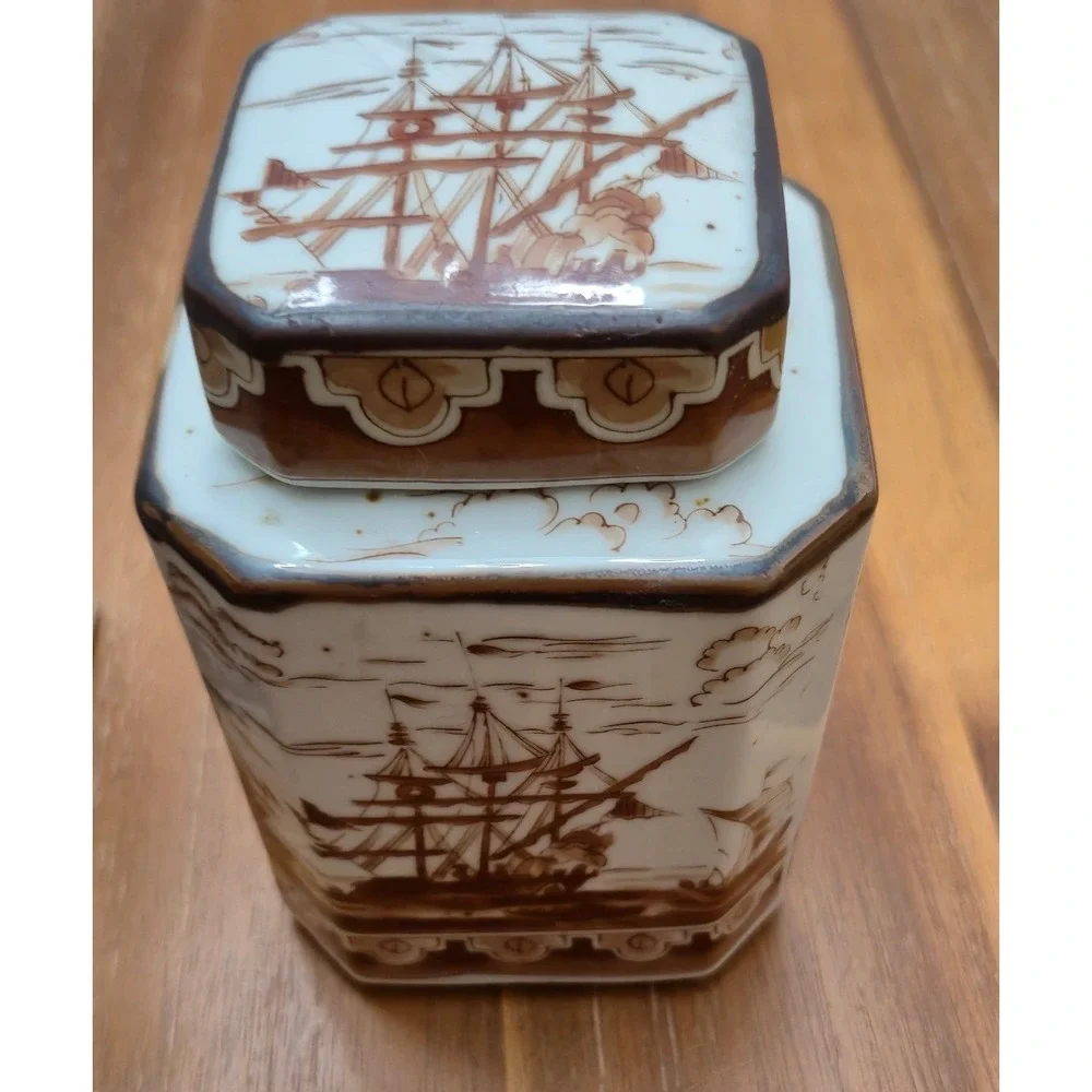 Japan Tea Set Vintage 40s 50s White Brown Nautical Ship Tea Caddies Teapot